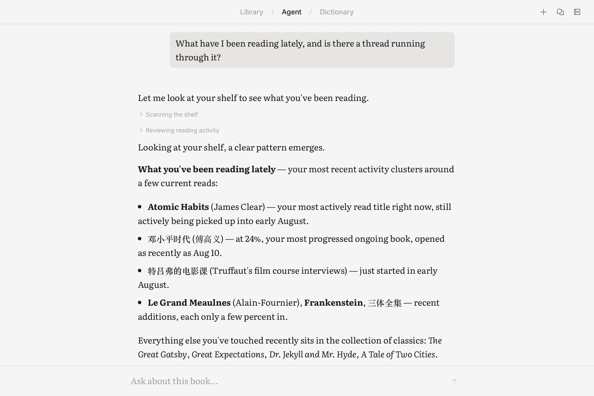 The ReadAware assistant surveying the reader's shelf and recent reading, and naming the thread that runs through it.