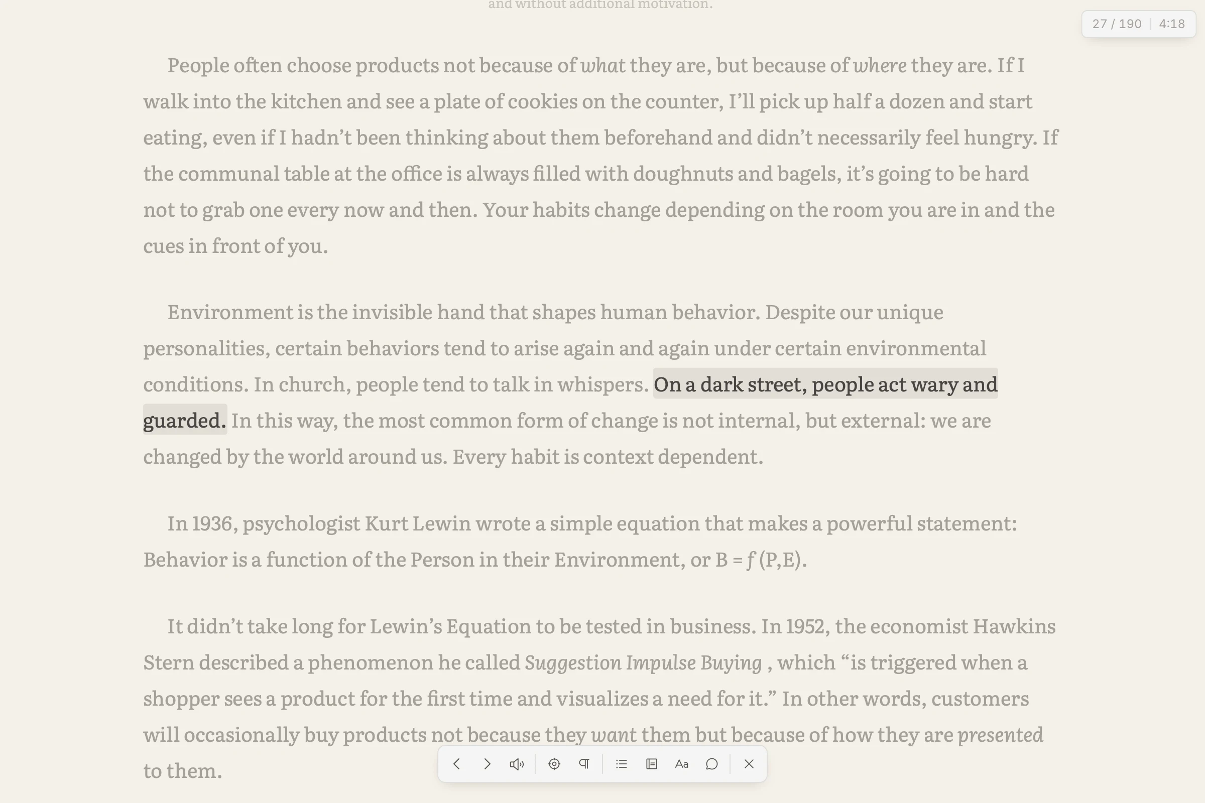 A page of Atomic Habits in the ReadAware reader, one sentence held in focus while the rest of the page recedes.