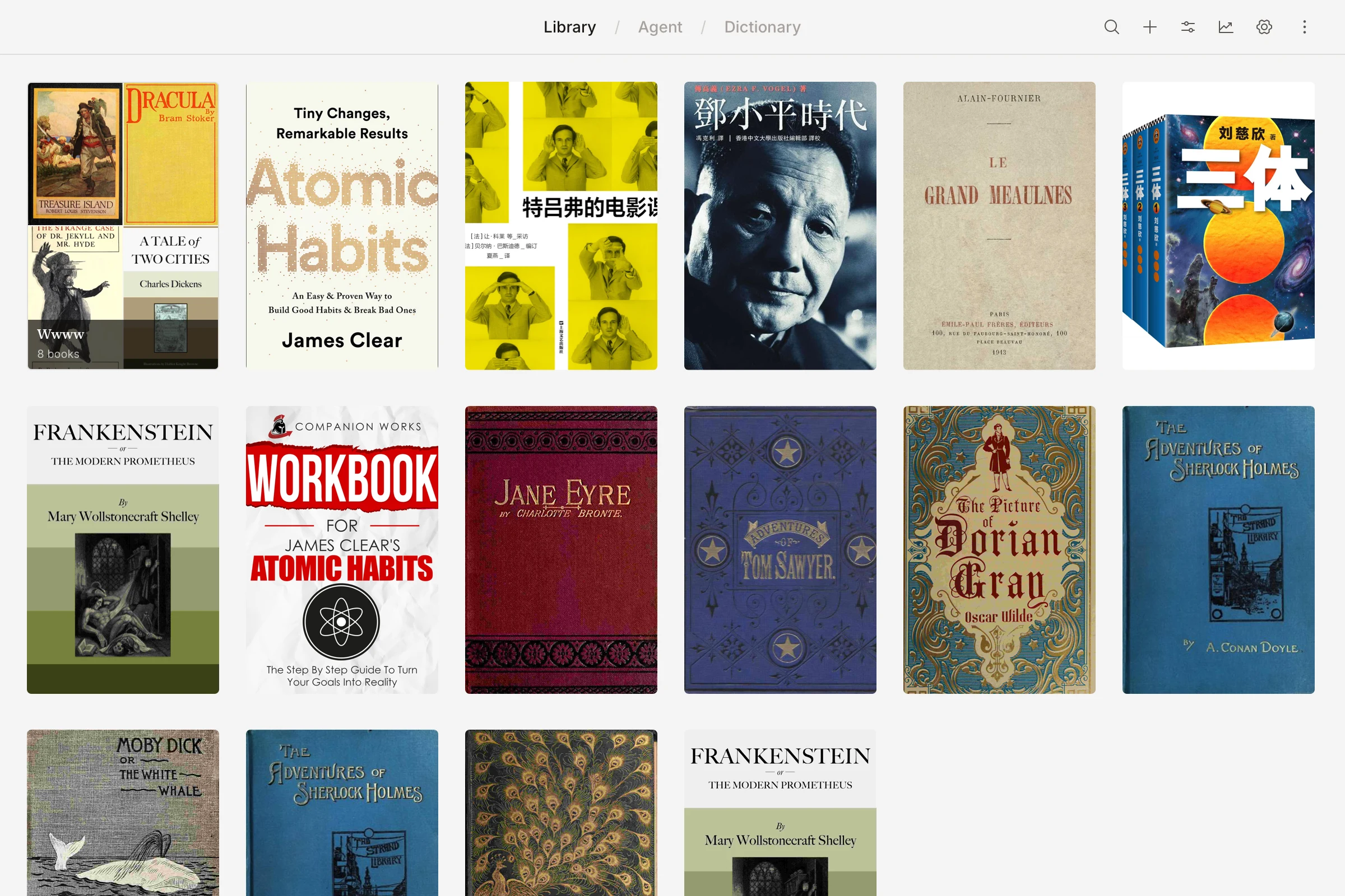 The ReadAware library — a grid of book covers across many languages and formats.